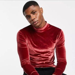 ASOS DESIGN muscle long sleeve t-shirt in burgundy velour with turtle neck